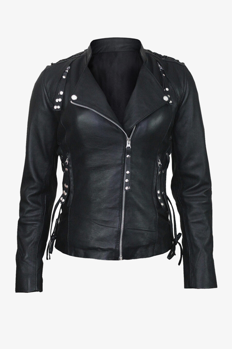 WOMENS BLACK LEATHER BIKER JACKET - Image 2