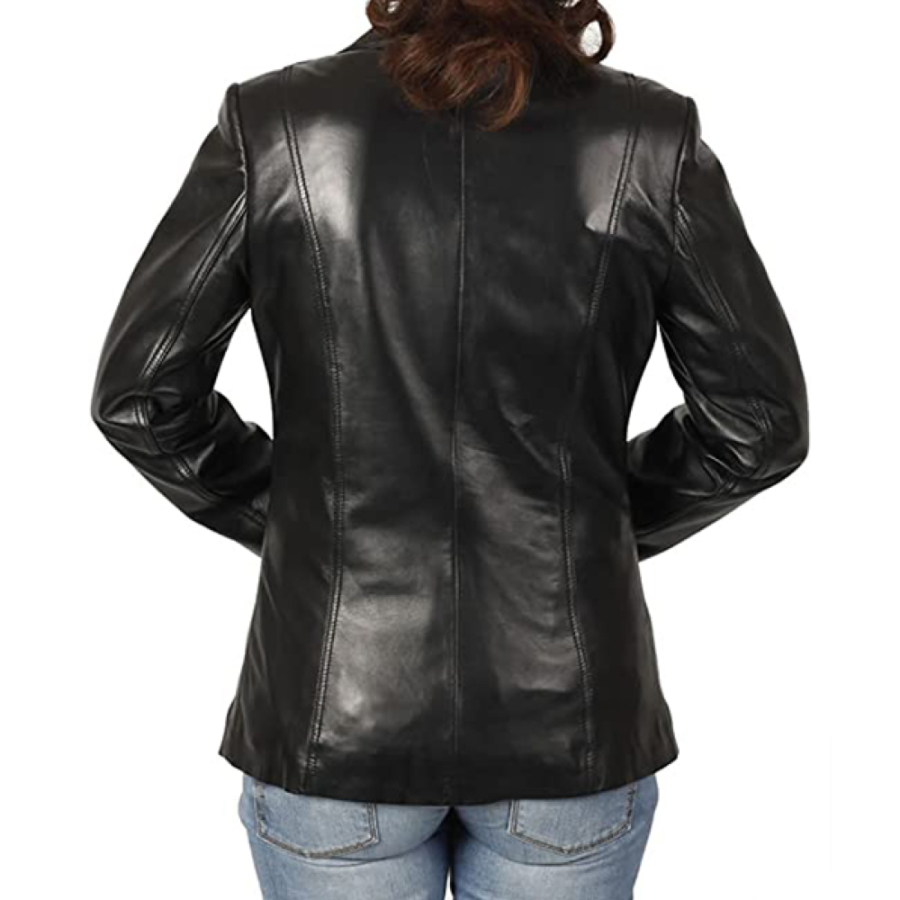 Women Black Leather Blazer - Image 2