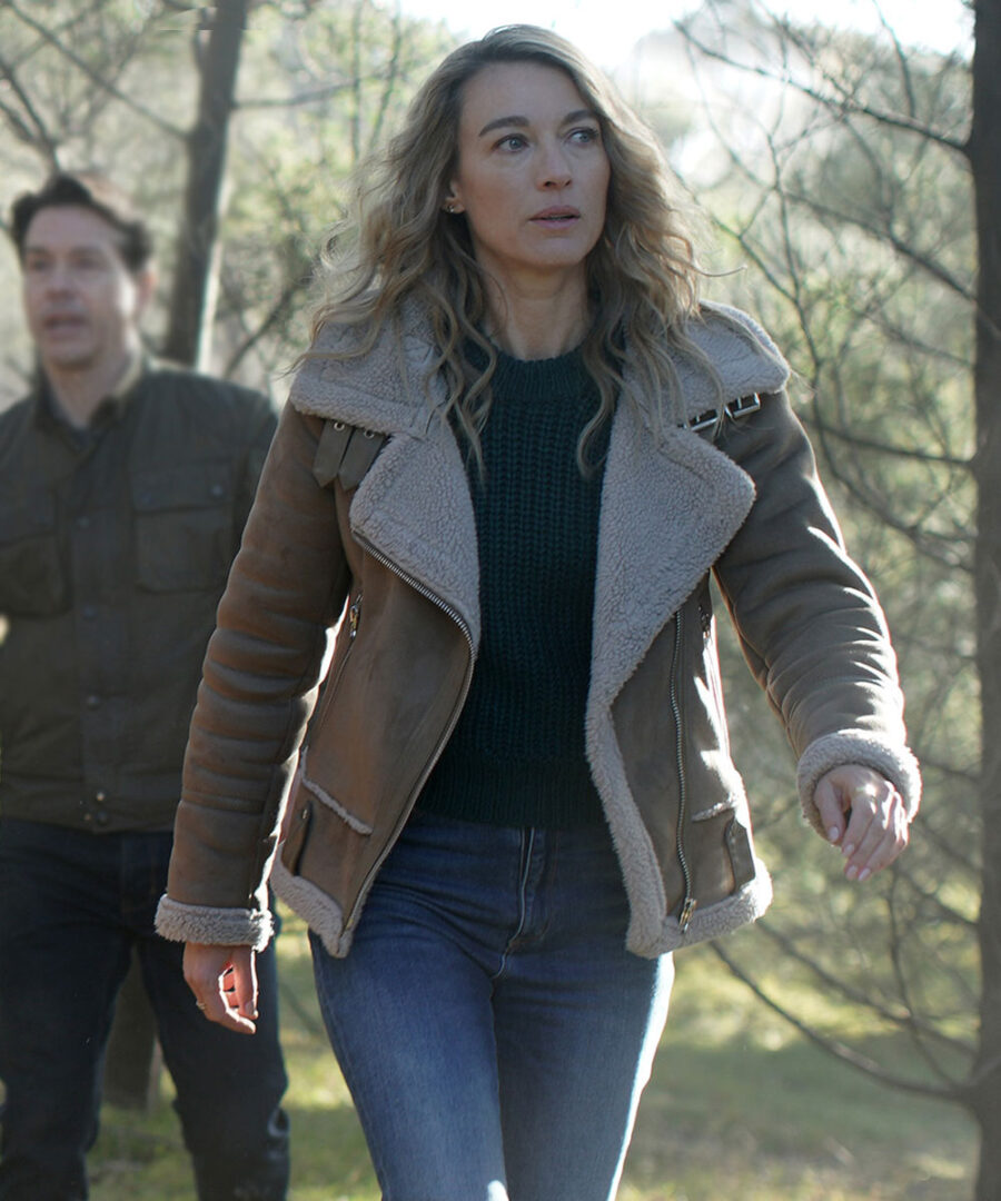 La Brea Natalie Zea Shearling Fur Brown Suede Leather Aviator Jacket