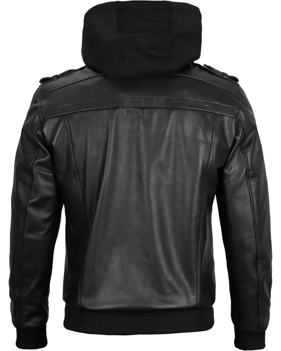 Kevin Hooded Genuine Leather Black Bomber Jacket - Image 2