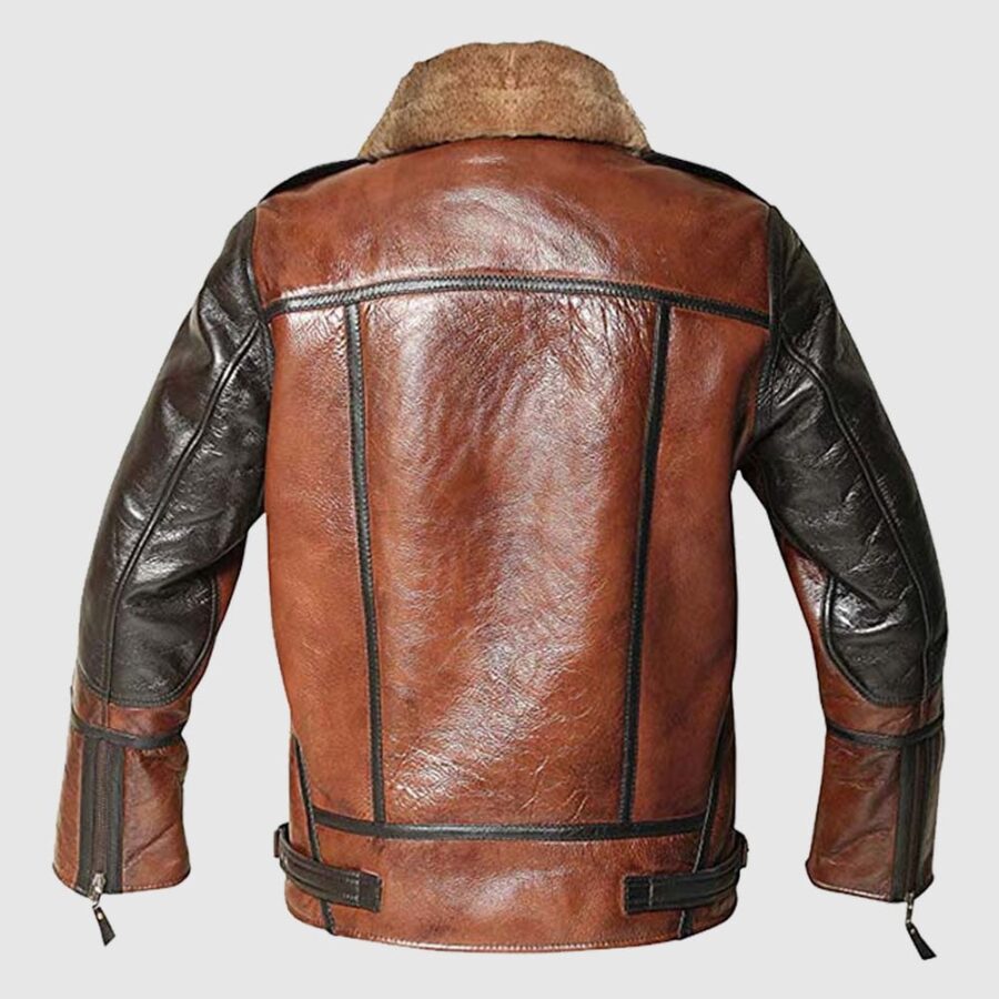 Men Distressed Aviator B3 Bomber Sheepskin Brown Jacket - Image 2