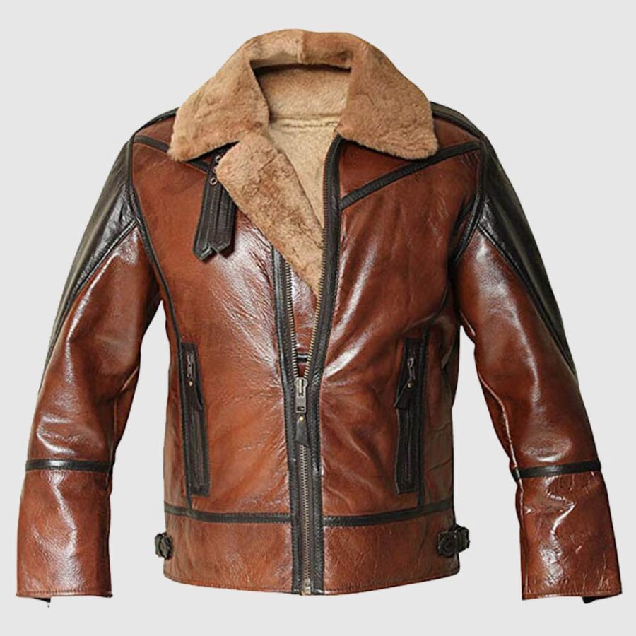 Men Distressed Aviator B3 Bomber Sheepskin Brown Jacket