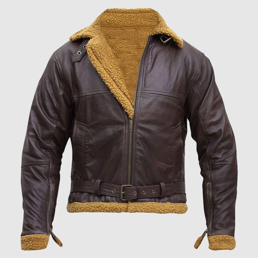 Men Flying Aviator Shearling Fur B3 Bomber Leather Jacket