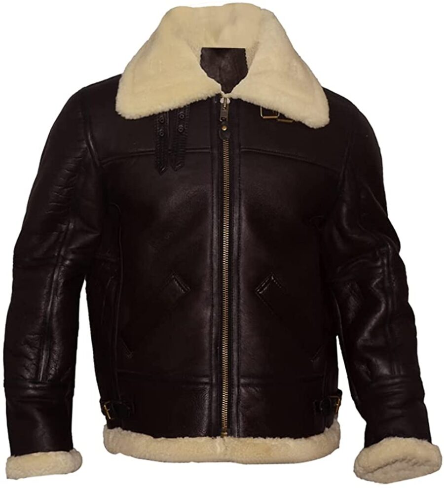 Mens Aviator B3 RAF Brown Shearling Leather Bomber Jacket - Image 2