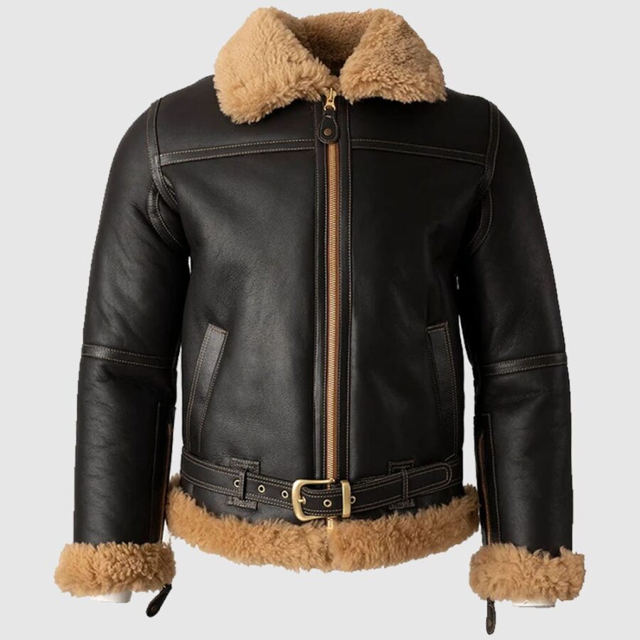 Mens Battle B3 Bomber Shearling Fur Black Leather Jacket