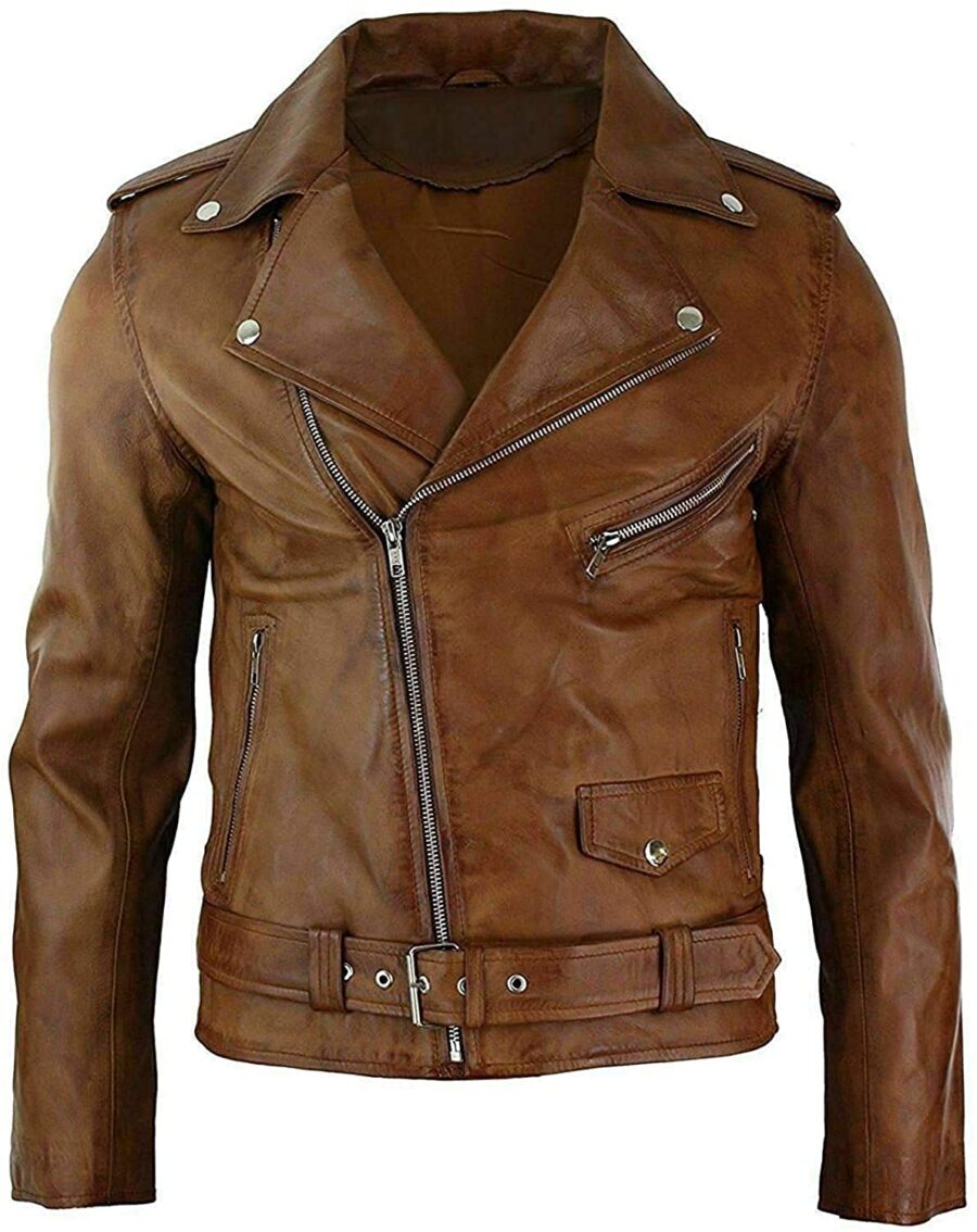 Mens Biker Vintage Brando Style Leather Jacket