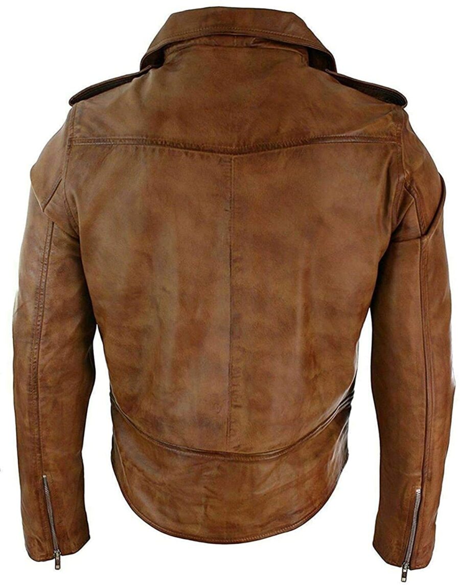 Mens Biker Vintage Brando Style Leather Jacket - Image 2