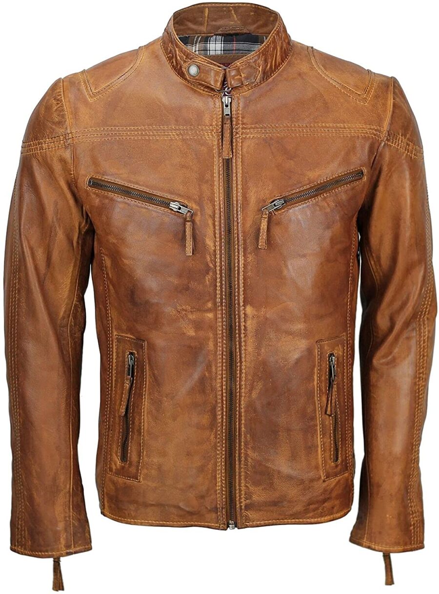 Mens Fitted Tan Biker Vintage Casual Jacket