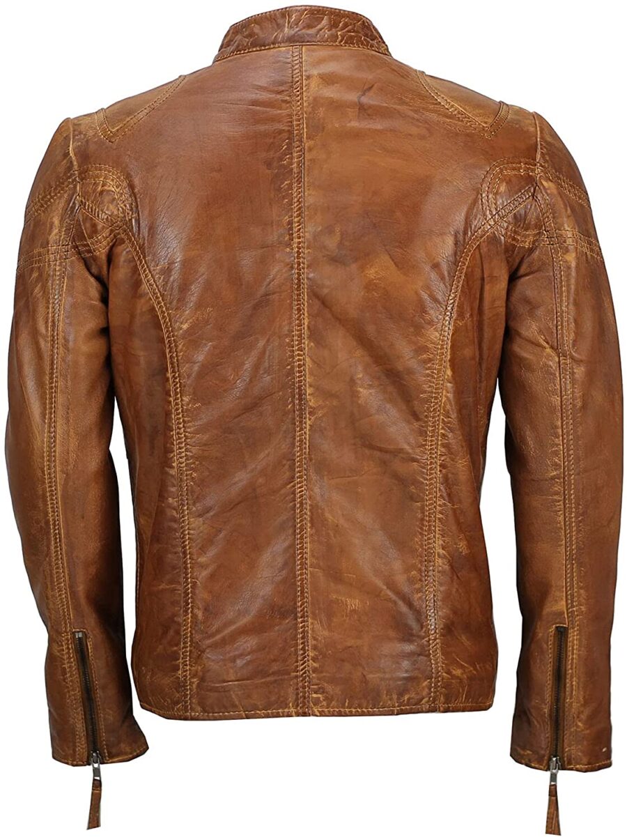 Mens Fitted Tan Biker Vintage Casual Jacket - Image 3