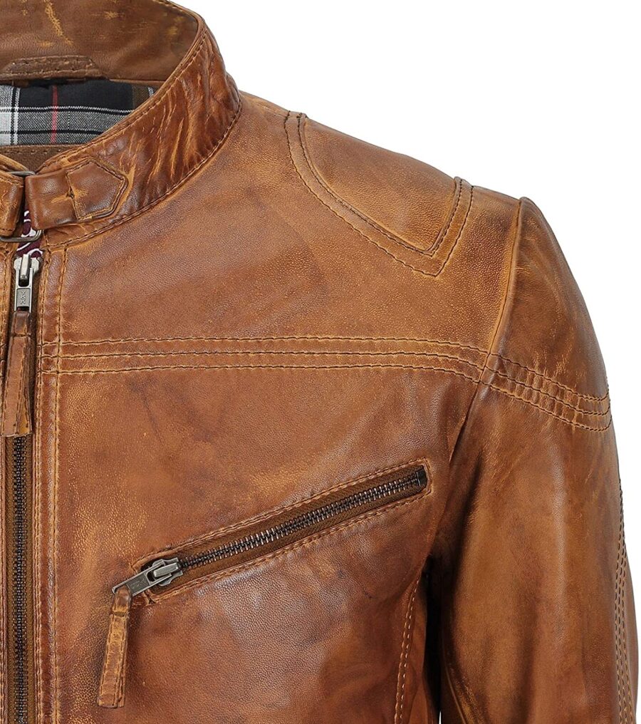 Mens Fitted Tan Biker Vintage Casual Jacket - Image 4