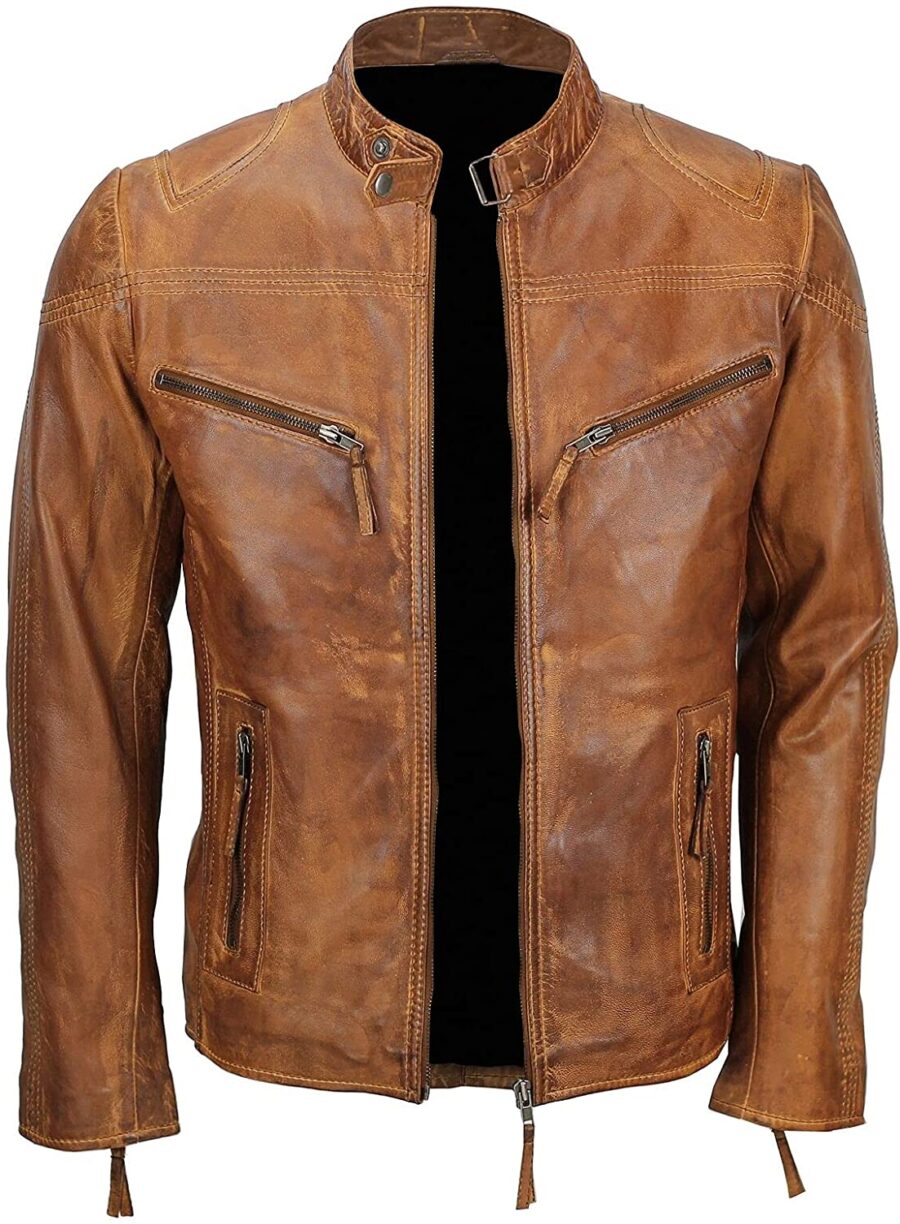 Mens Fitted Tan Biker Vintage Casual Jacket - Image 2