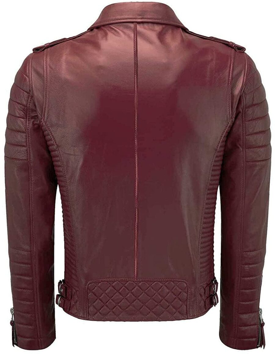 Mens Biker Café Racer Maroon Faux Leather Jacket - Image 2