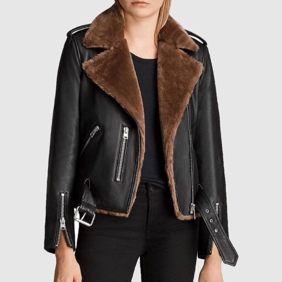 Women Aviator Shearling Fur Slim Fit Leather Biker Jacket