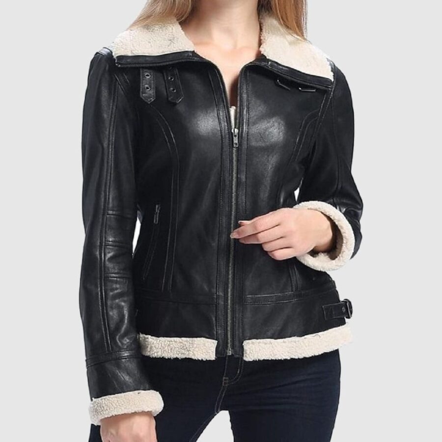 Women B3 Bomber Black Sheepskin Shearling Leather Jacket