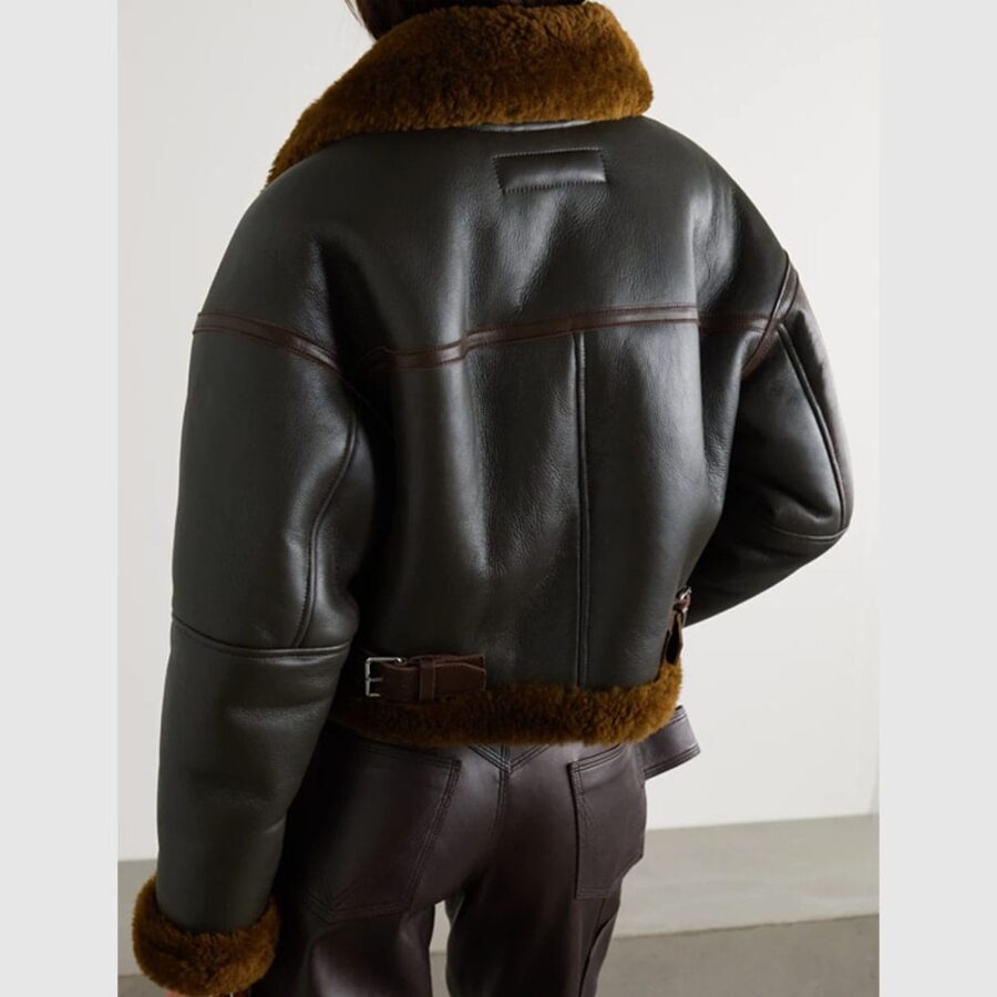 Women Brown Aviator Shearling Sheepskin Cropped Bomber Jacket - Image 2