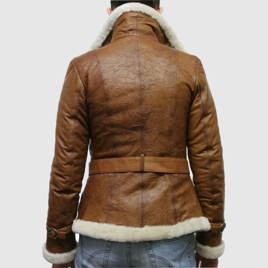 Women Pilot Aviator Double Breasted Shearling Leather Jacket - Image 2