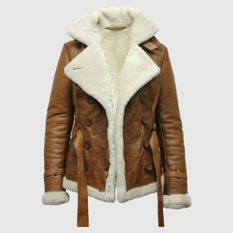 Women Pilot Aviator Double Breasted Shearling Leather Jacket