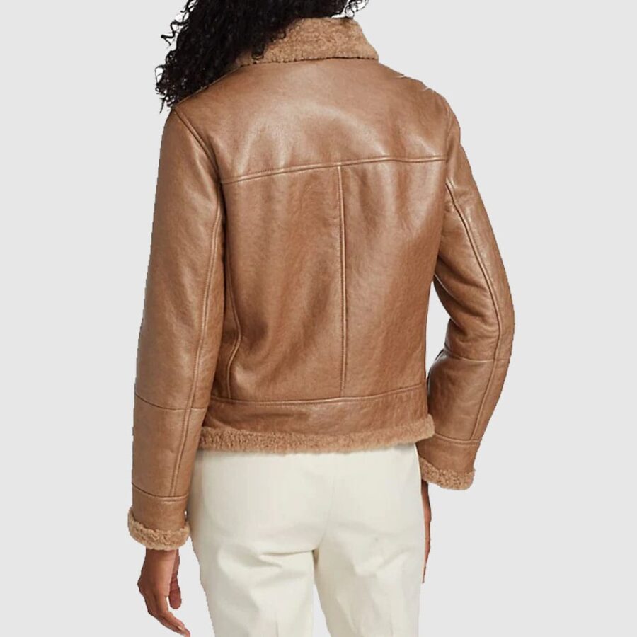 Women Pilot Aviator Shearling Lined Brown Leather Jacket - Image 2