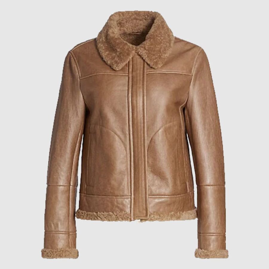 Women Pilot Aviator Shearling Lined Brown Leather Jacket