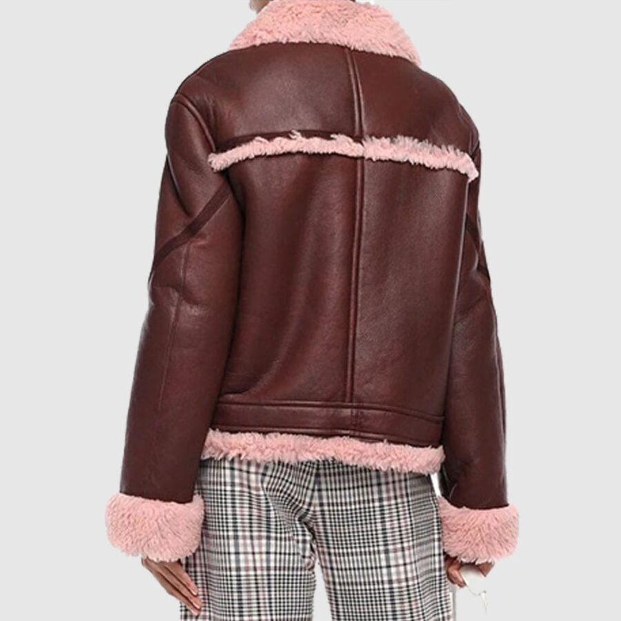 Womens Asymmetrical Burgundy Shearling Lined Leather Jacket - Image 2