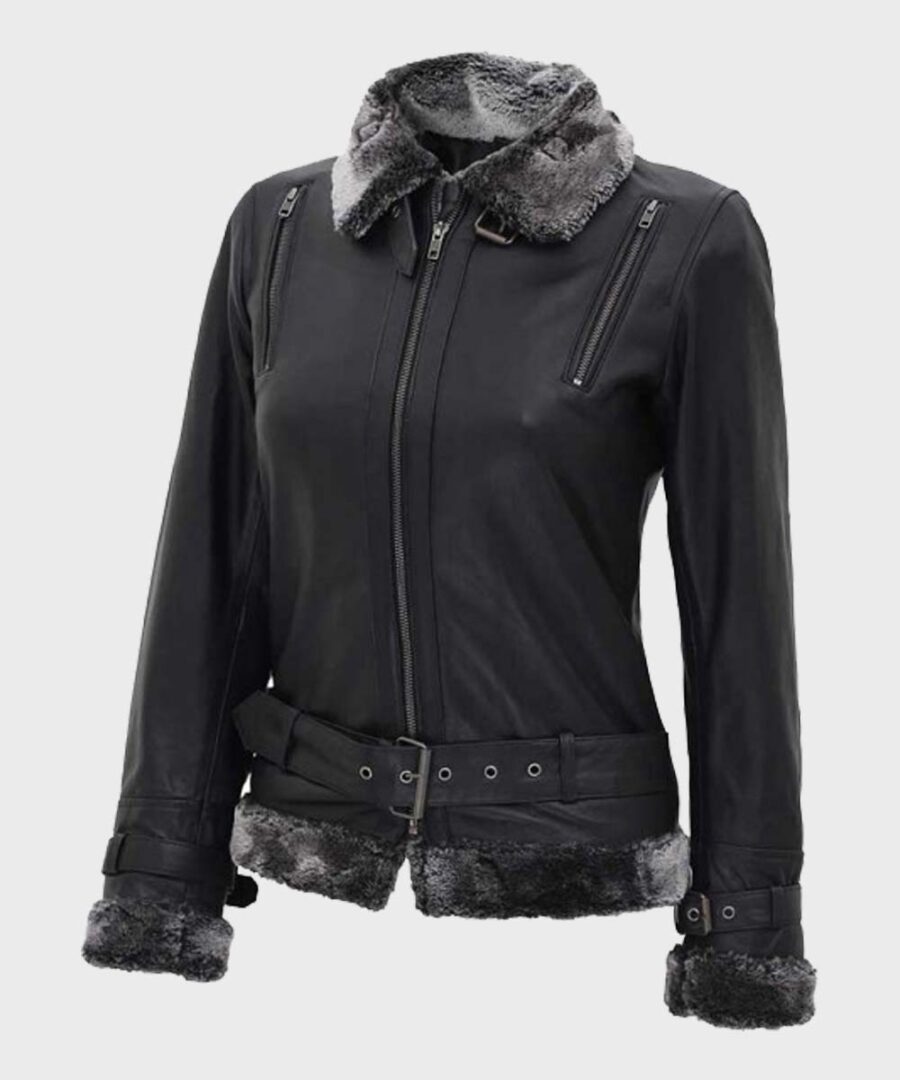 Womens Designer Shearling Black Jacket - Image 2