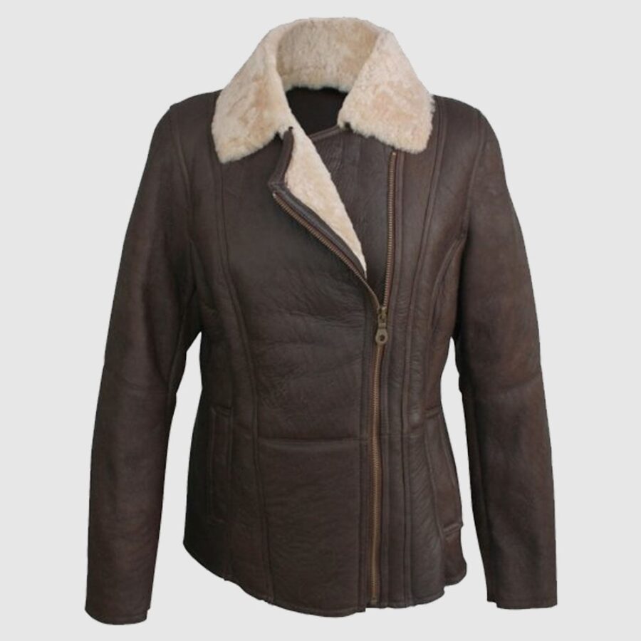 Womens Asymmetrical Leather Aviator Sheepskin Brown Coat