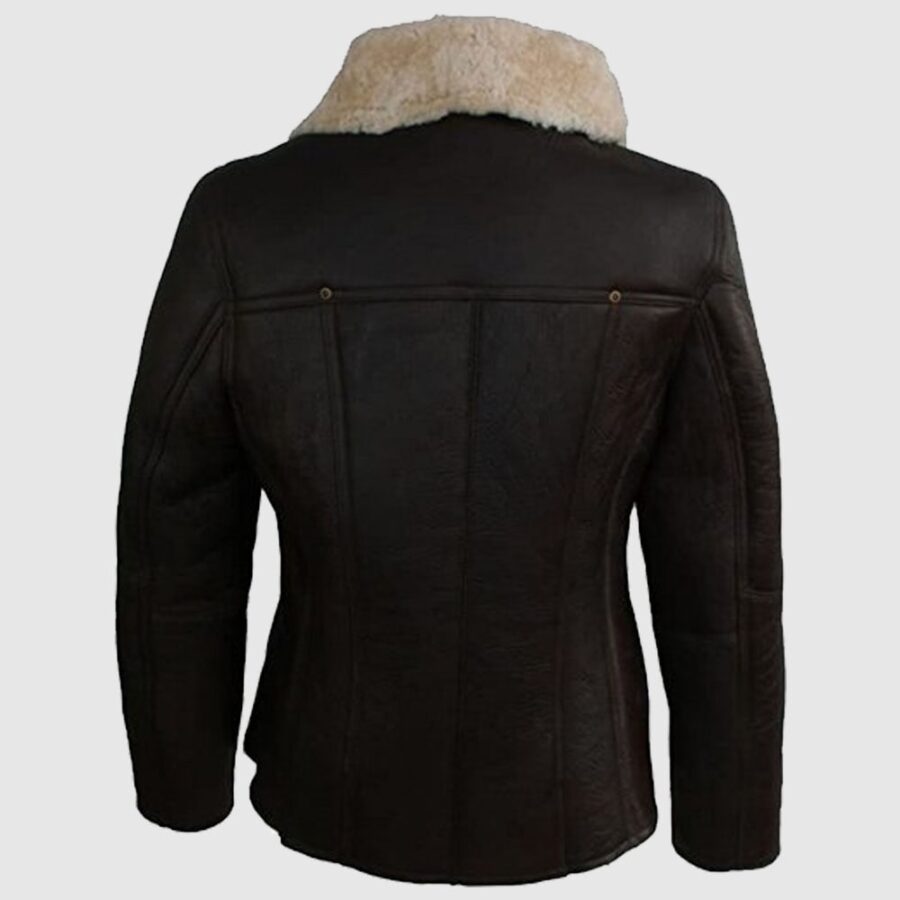 Womens Asymmetrical Leather Aviator Sheepskin Brown Coat - Image 2