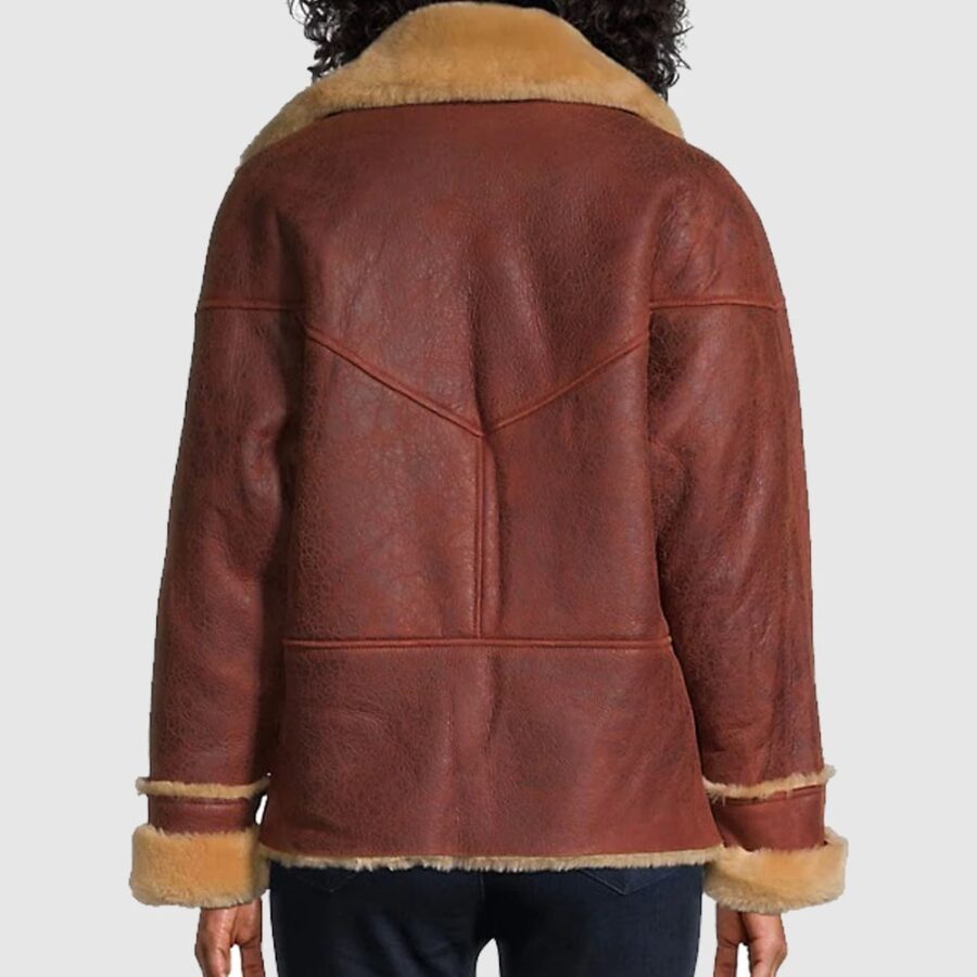 Womens Sandy Vegan Shearling Fur Brown Moto Jacket - Image 2