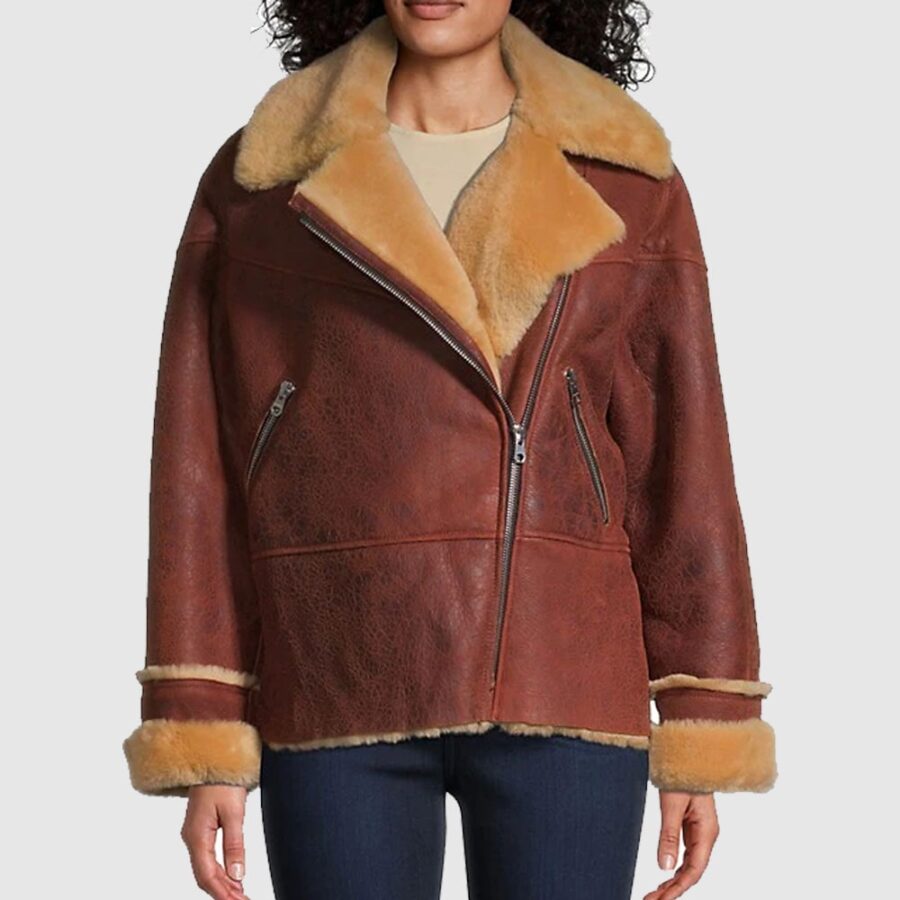 Womens Sandy Vegan Shearling Fur Brown Moto Jacket