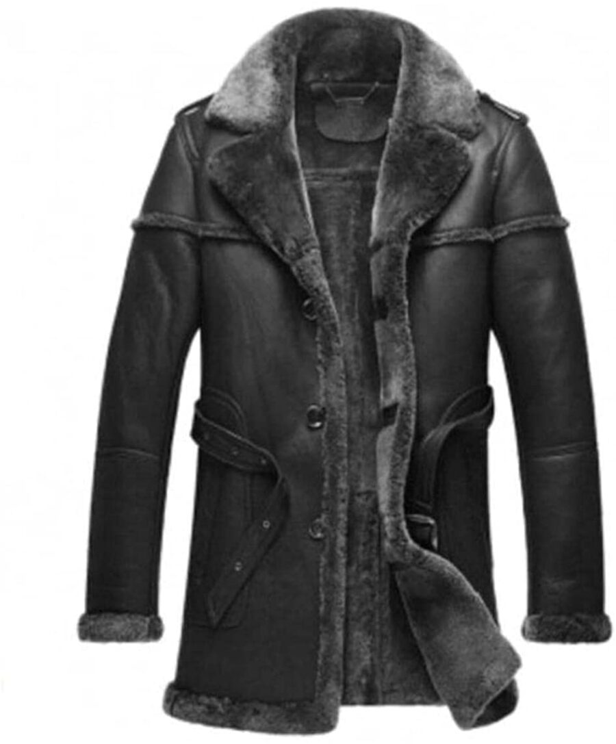 Mens Aviator Shearling Fur Black Real Leather Coat