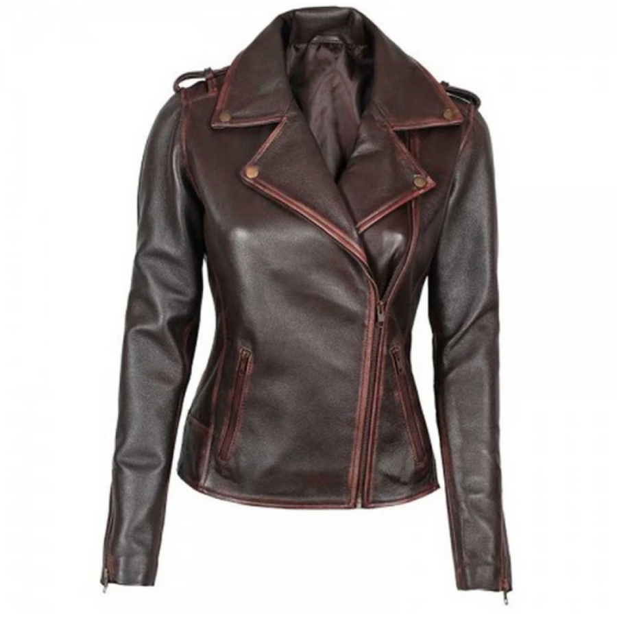 Womens Distressed Dark Brown Leather Jacket