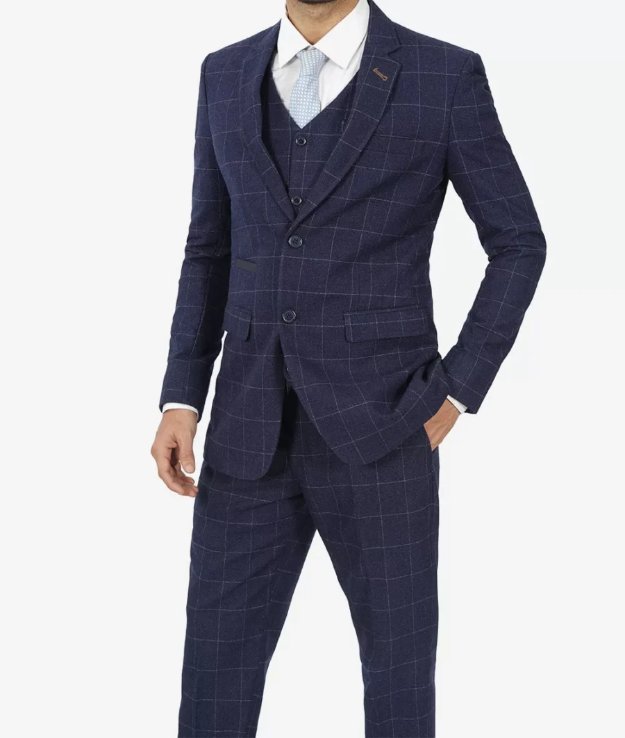 Mens Navy Blue Check Suit - Image 3