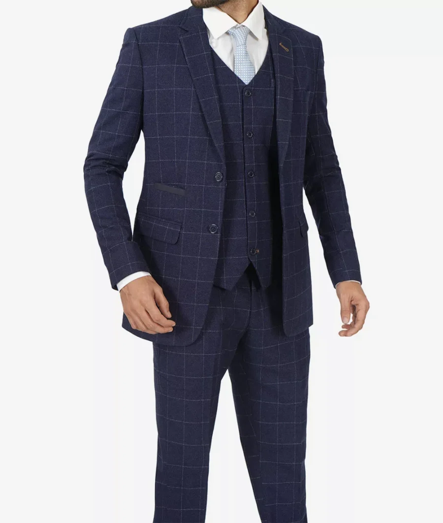 Mens Navy Blue Check Suit - Image 2