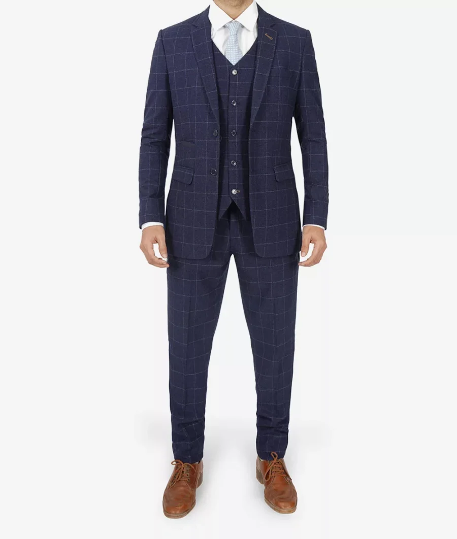 Mens Navy Blue Check Suit - Image 4