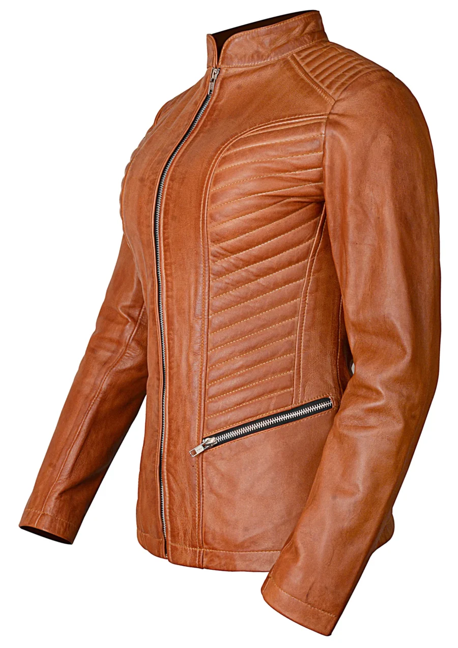 Women’s Biker Style Casual Brown Leather Jacket - Image 4