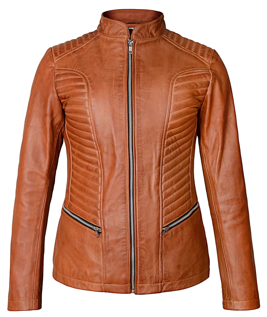 Women’s Biker Style Casual Brown Leather Jacket - Image 3