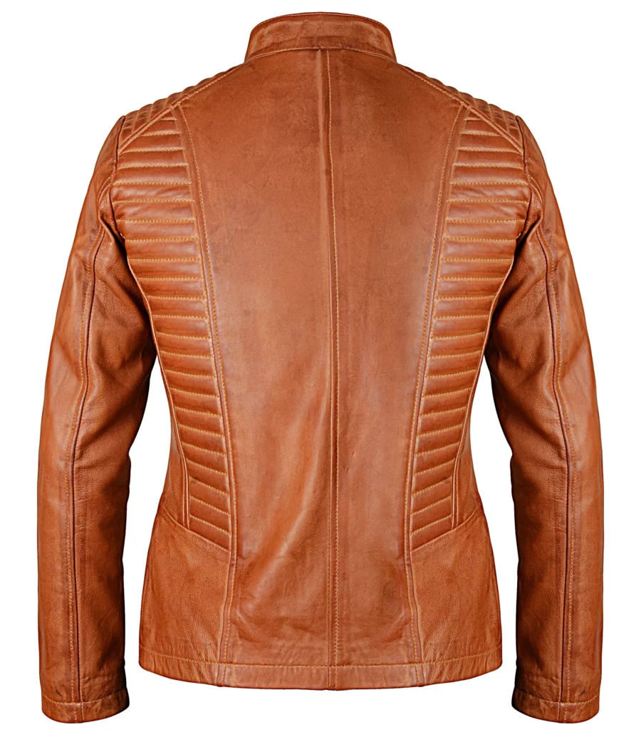 Women’s Biker Style Casual Brown Leather Jacket - Image 2