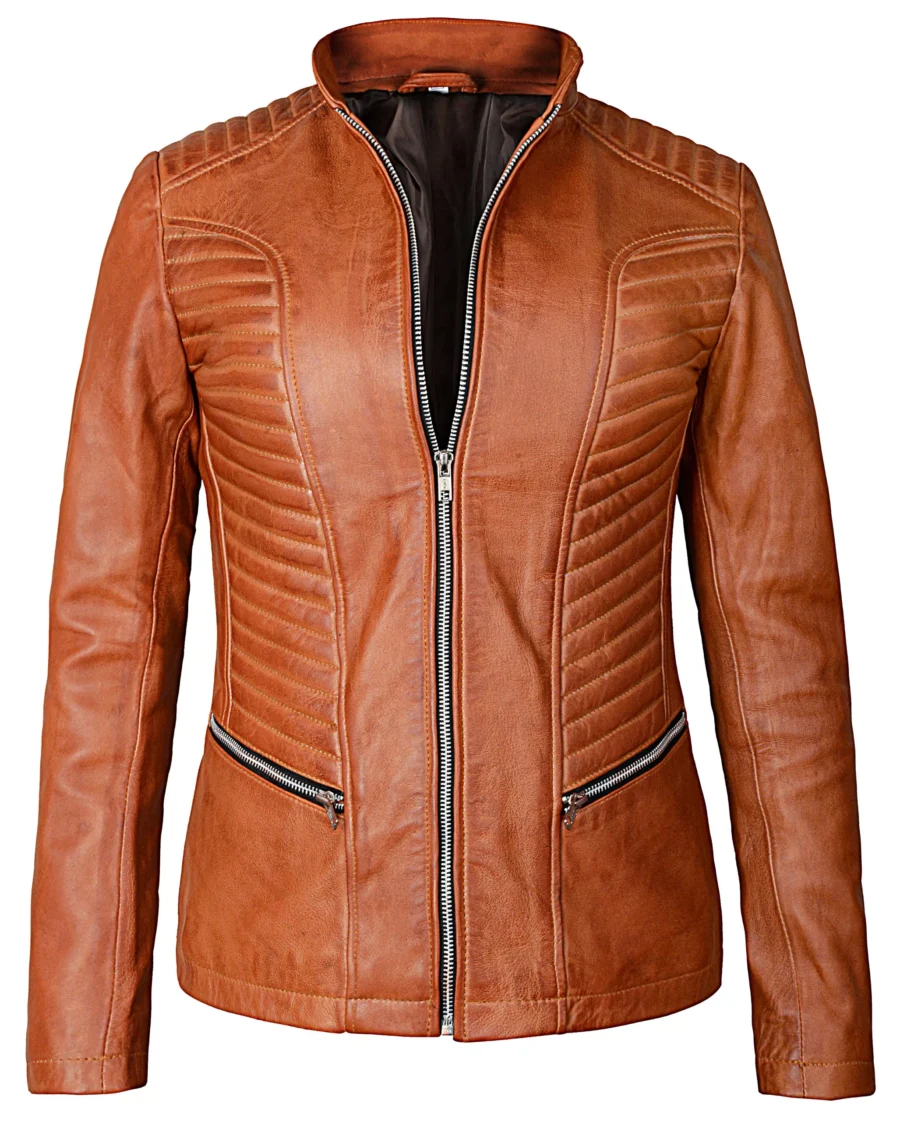 Women’s Biker Style Casual Brown Leather Jacket