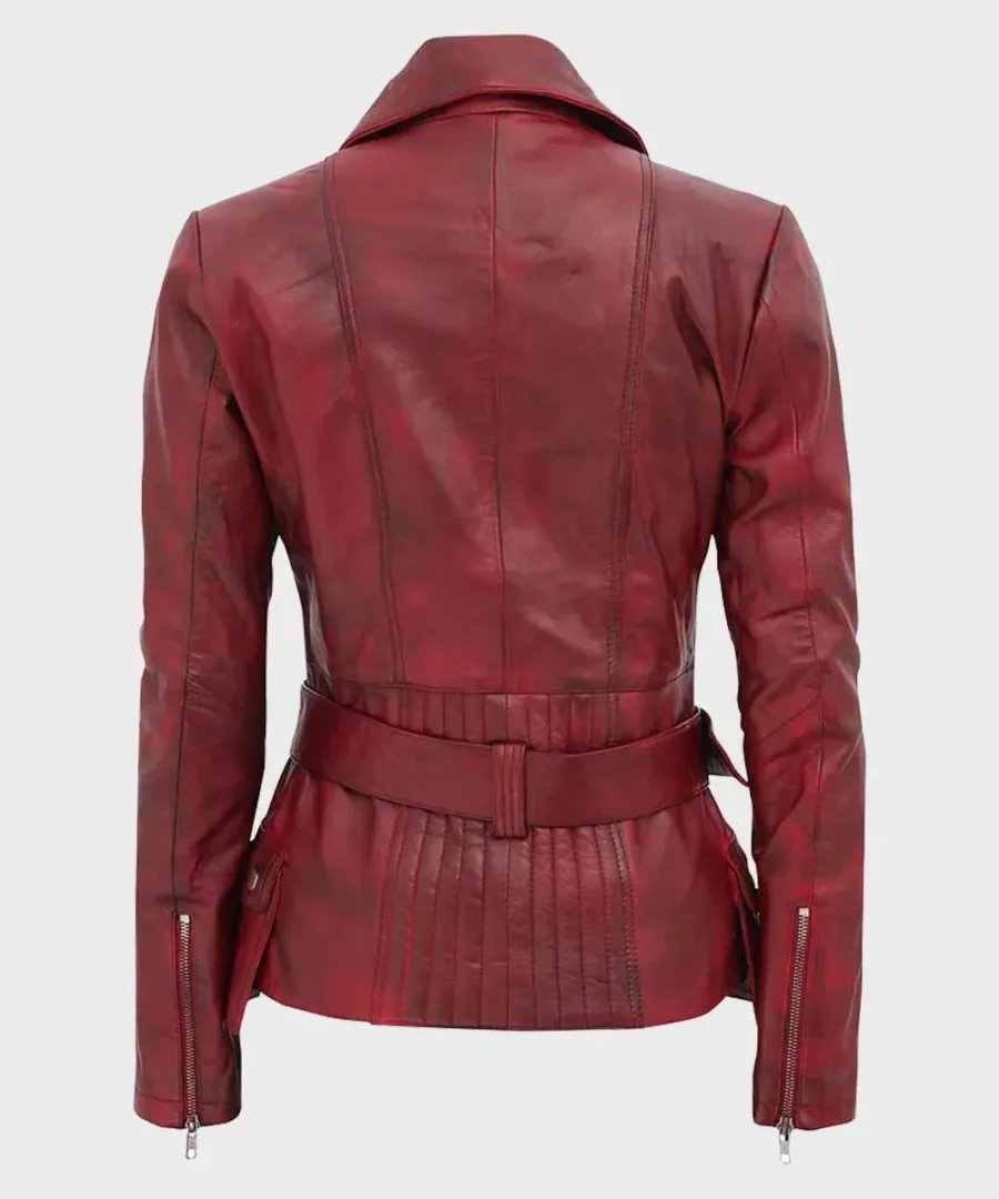 Women Maroon Motorcycle Leather Jacket - Image 2