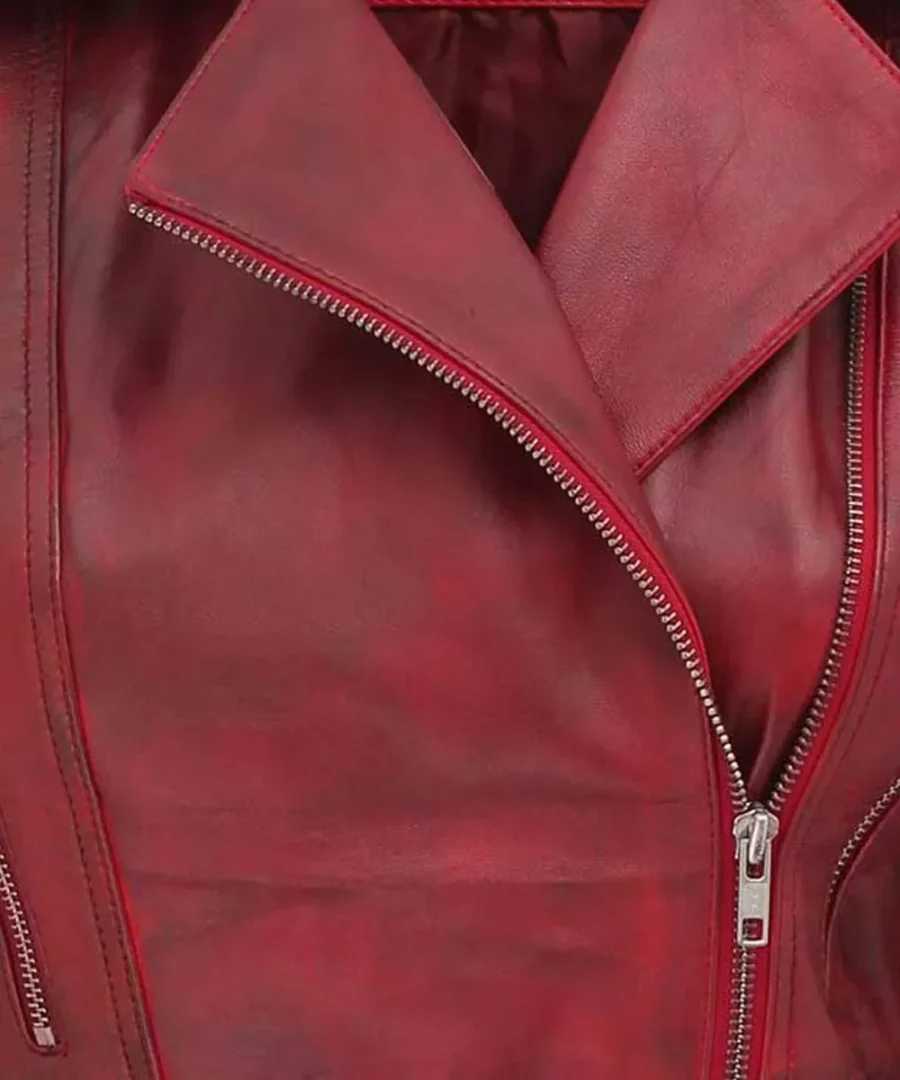 Women Maroon Motorcycle Leather Jacket - Image 3