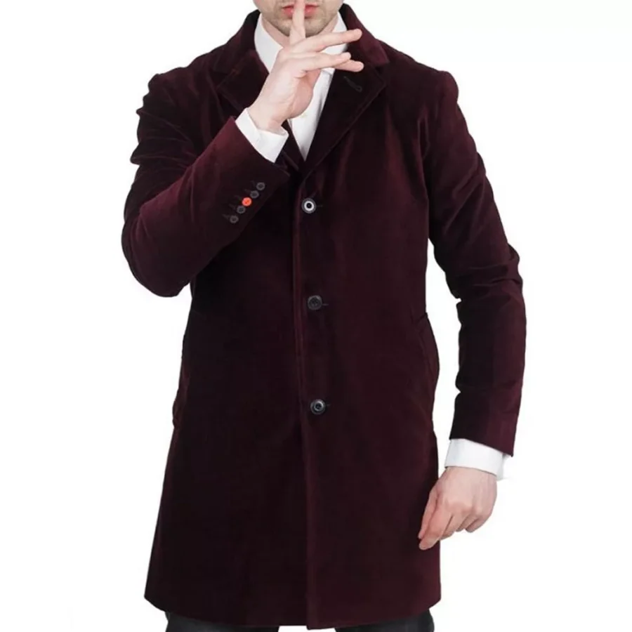 Notch Lapel Velvet Maroon Coat - Image 3