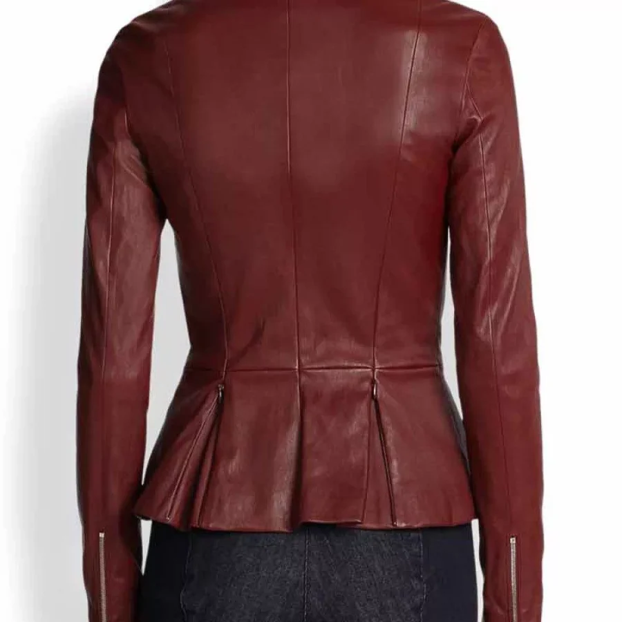 Maroon Peplum Leather Jacket - Image 2