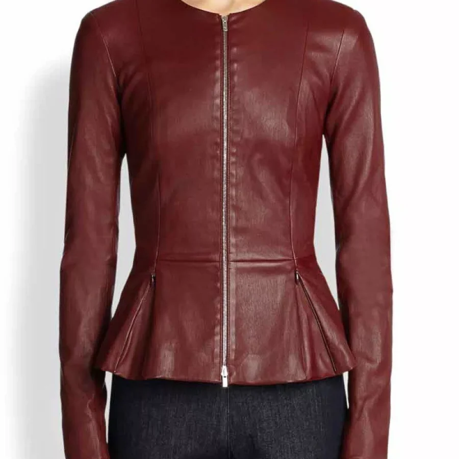 Maroon Peplum Leather Jacket