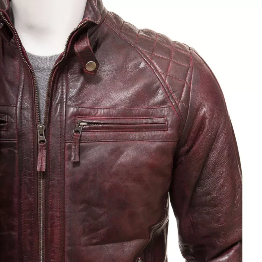 Men Motorcycle Oxblood Quilted Leather Jacket - Image 3