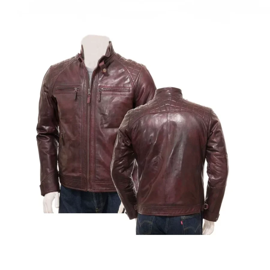 Men Motorcycle Oxblood Quilted Leather Jacket - Image 4