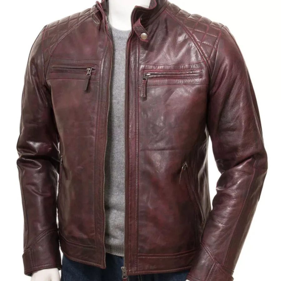 Men Motorcycle Oxblood Quilted Leather Jacket - Image 5