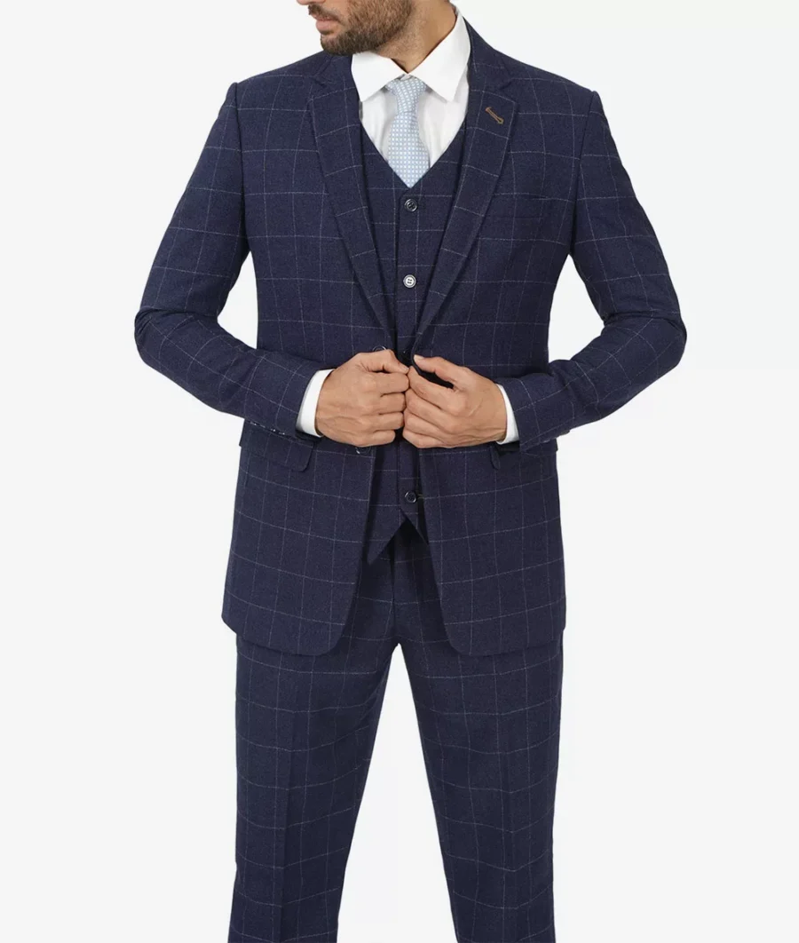 Mens Navy Blue Check Suit - Image 5