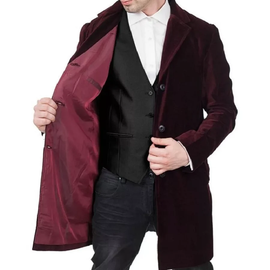 Notch Lapel Velvet Maroon Coat - Image 4