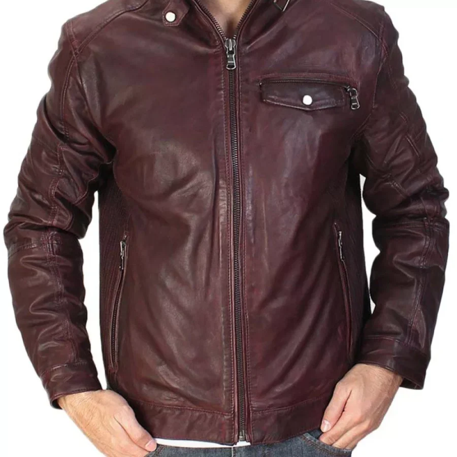 Men’s Maroon Waxed Biker Jacket