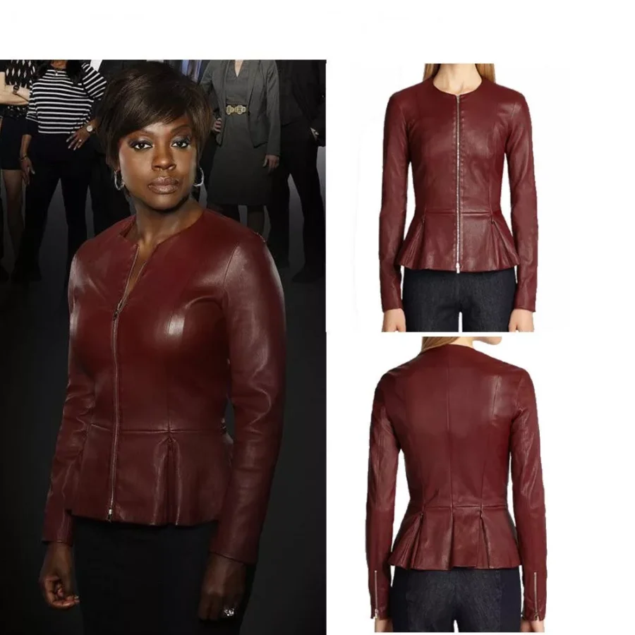 Maroon Peplum Leather Jacket - Image 3